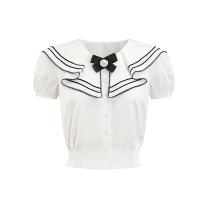 White Sweet Nautical-style Shirt &amp; Skirt Set