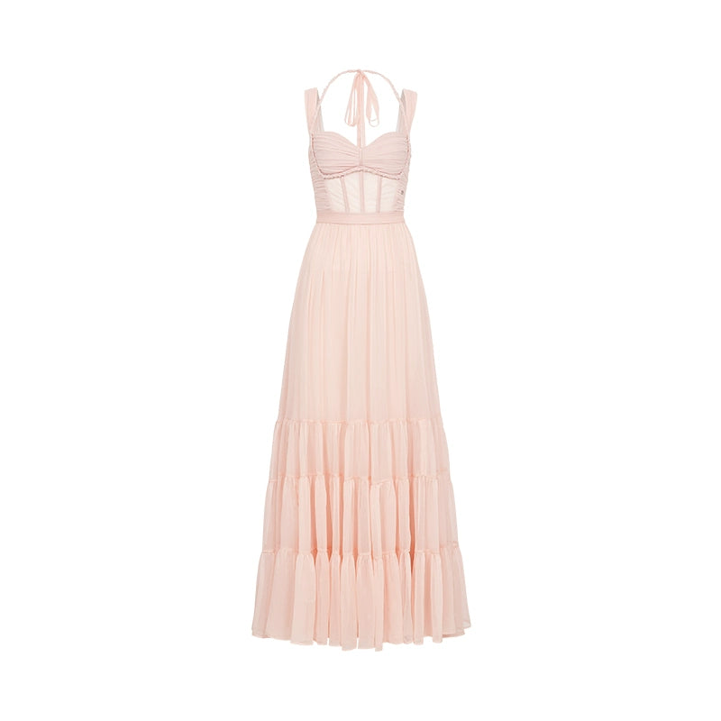 Tia Beaded Halter Chiffon Midi Dresses