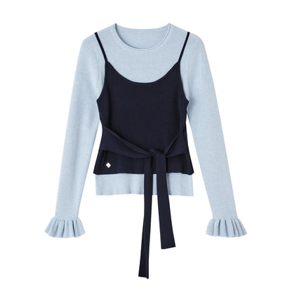 Contrast-Tie Layered Crewneck Knit Sweater