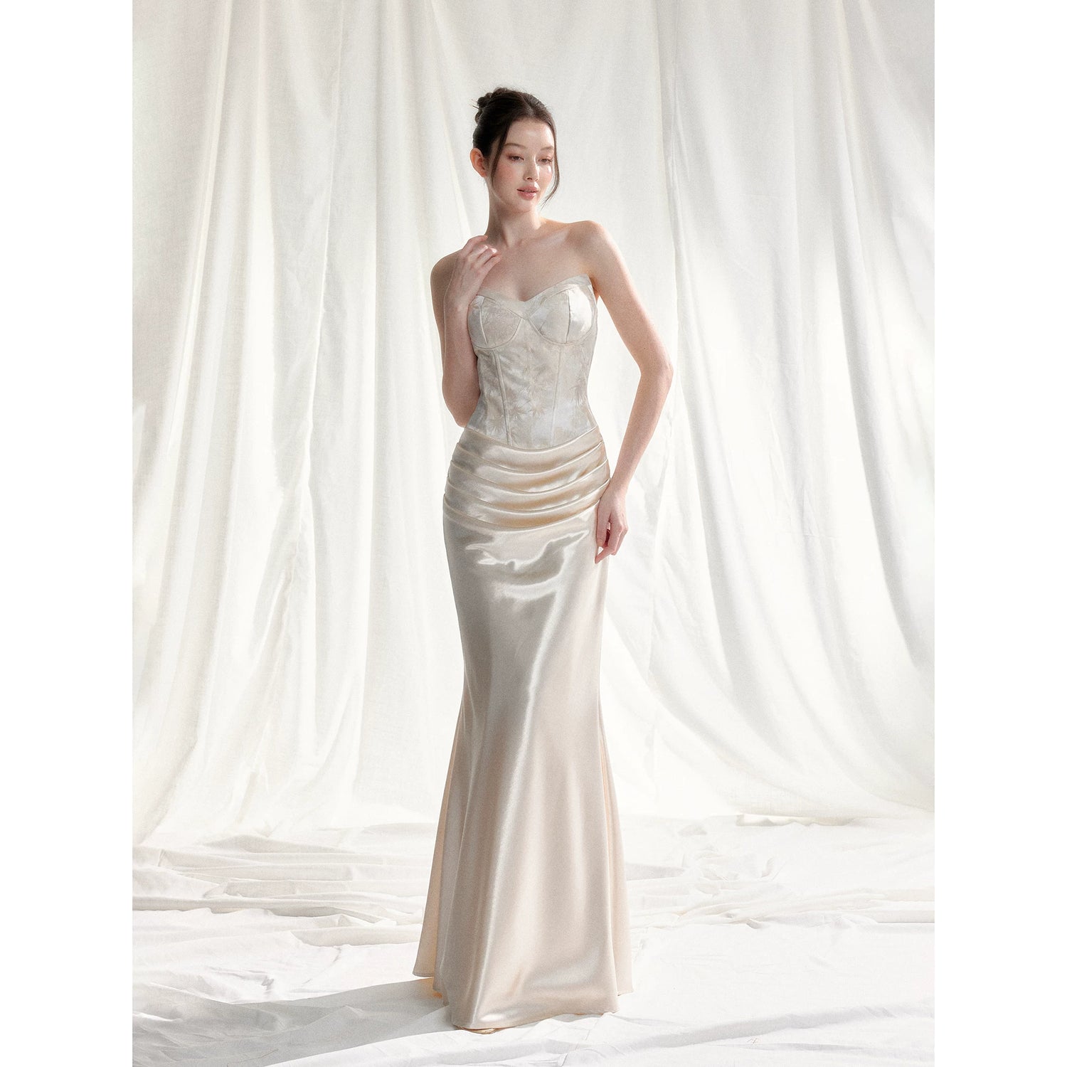 Jade Whisper Jacquard Corset Satin Evening Gown