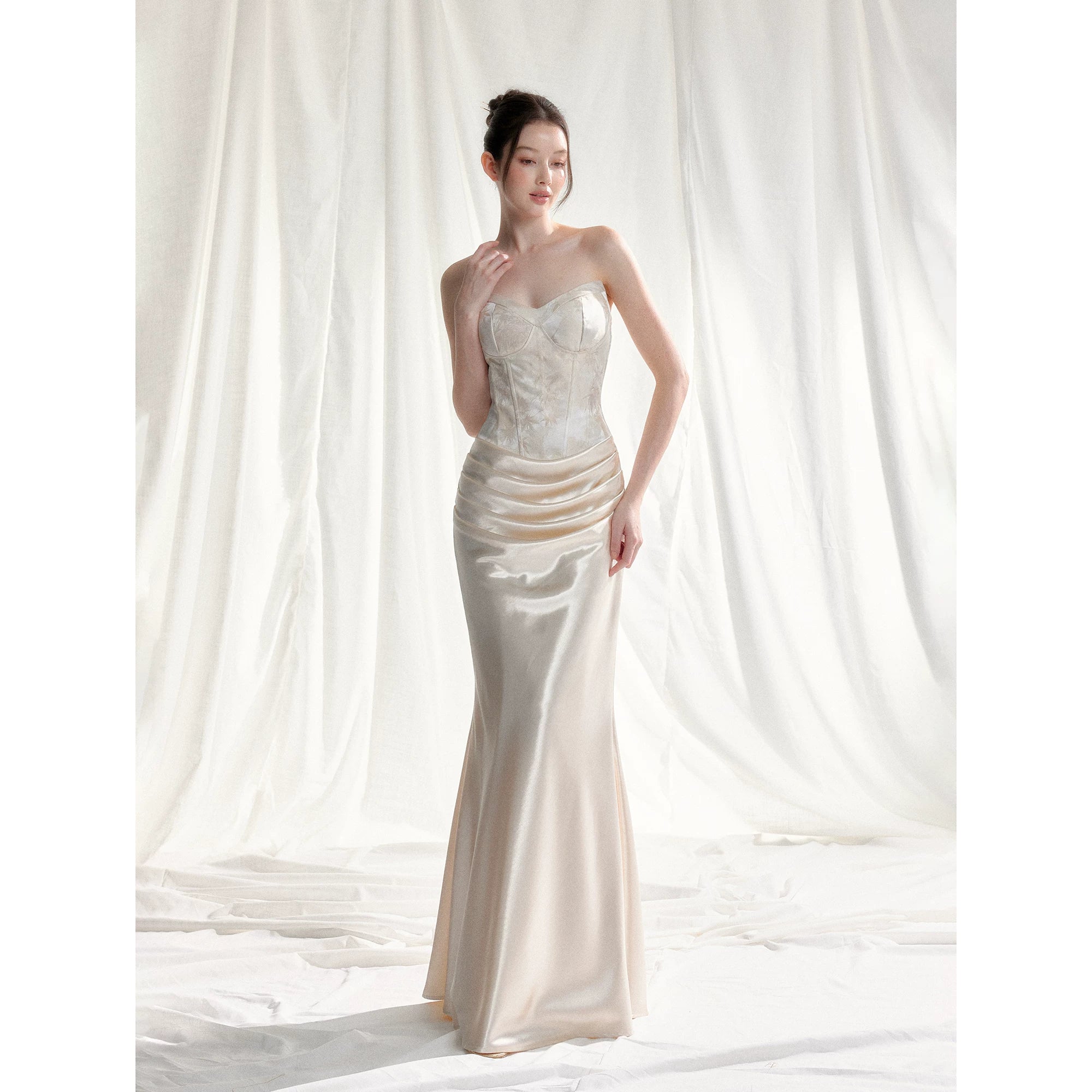 Jade Whisper Jacquard Corset Satin Evening Gown