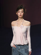 Fake Two-Piece Halter Ruched Floral One-Shoulder Blouse - CHINASQUAD