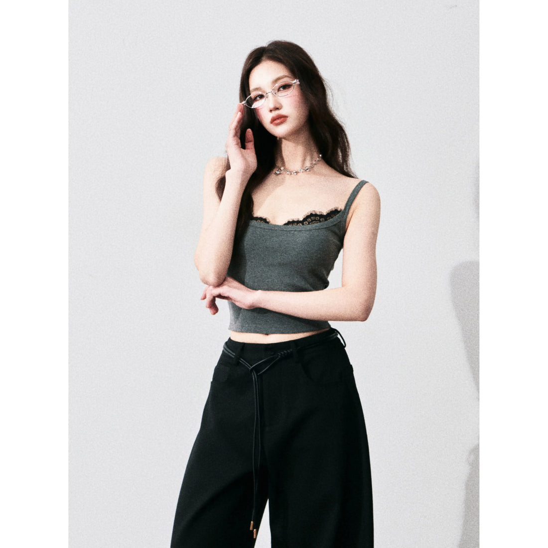 LULUSWINGS Contrast Lace Trim Slim-Fit Camisole – Gray
