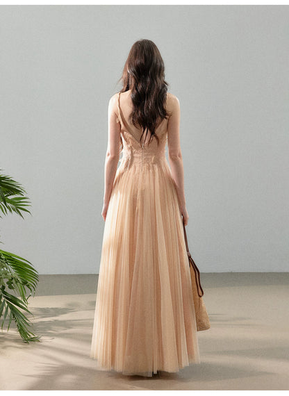 Peach Mist Floral Tulle Layered Slip Maxi Dress