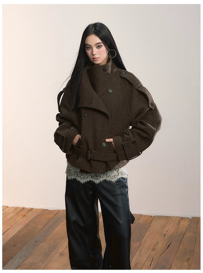 Contrast Double-Breasted Wool-Blend Belted Jacket