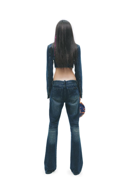 Y2K Washed Denim Cropped Set with Embroidered Patch Detail