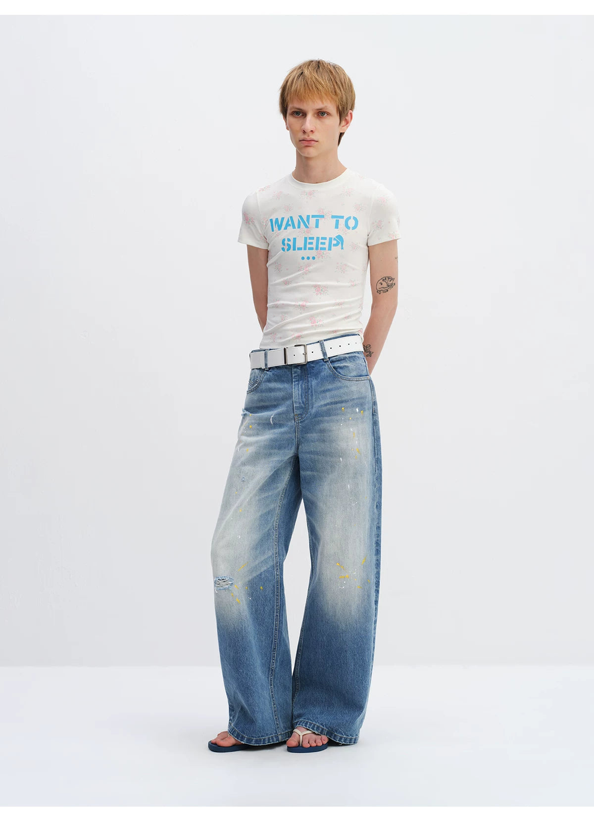 Washed Blue Curved-Leg Wide Denim Jeans