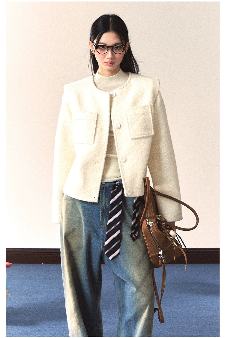 White Crewneck Elegant Chanel-Style Jacket