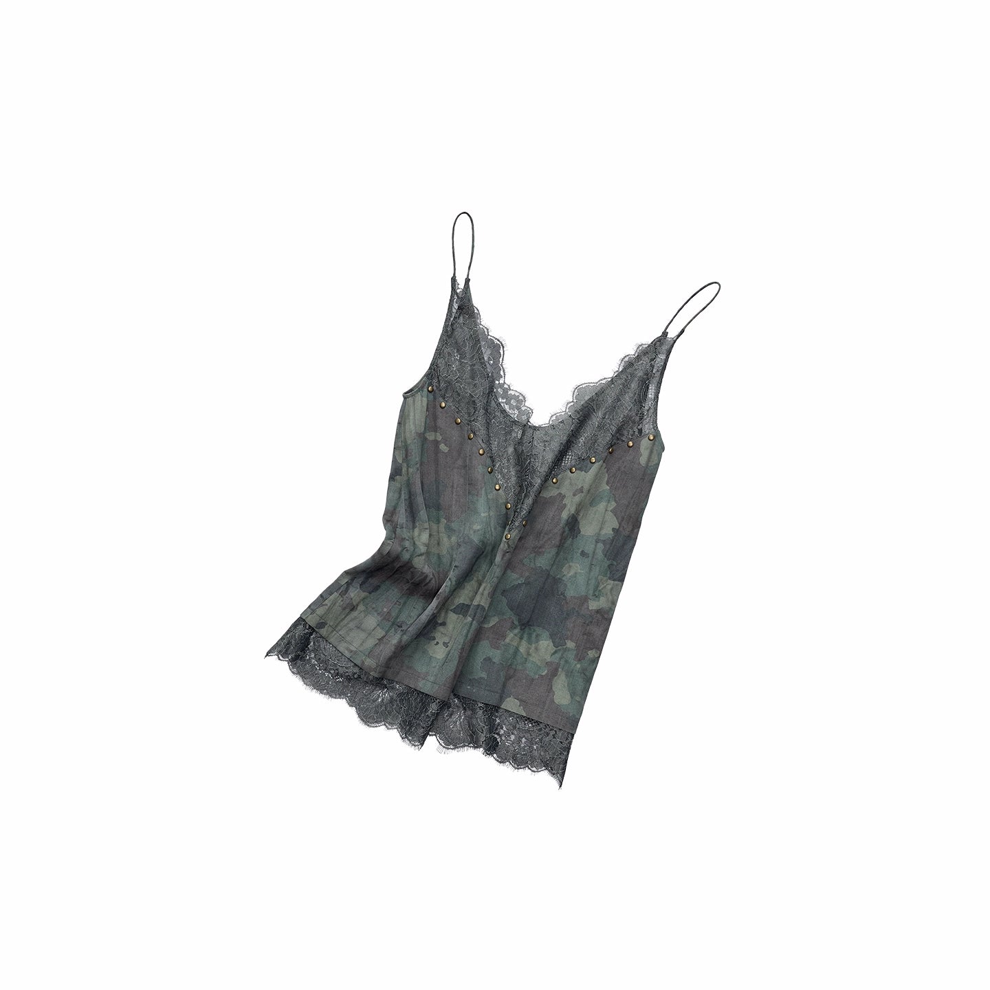 Camouflage V-Neck Lace-Trim Rhinestone Camisole