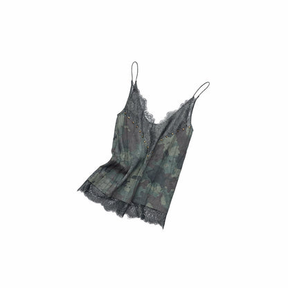 Camouflage V-Neck Lace-Trim Rhinestone Camisole
