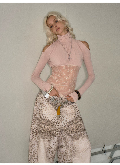 Lace Ruched Mock-Neck Long-Sleeve Base layer