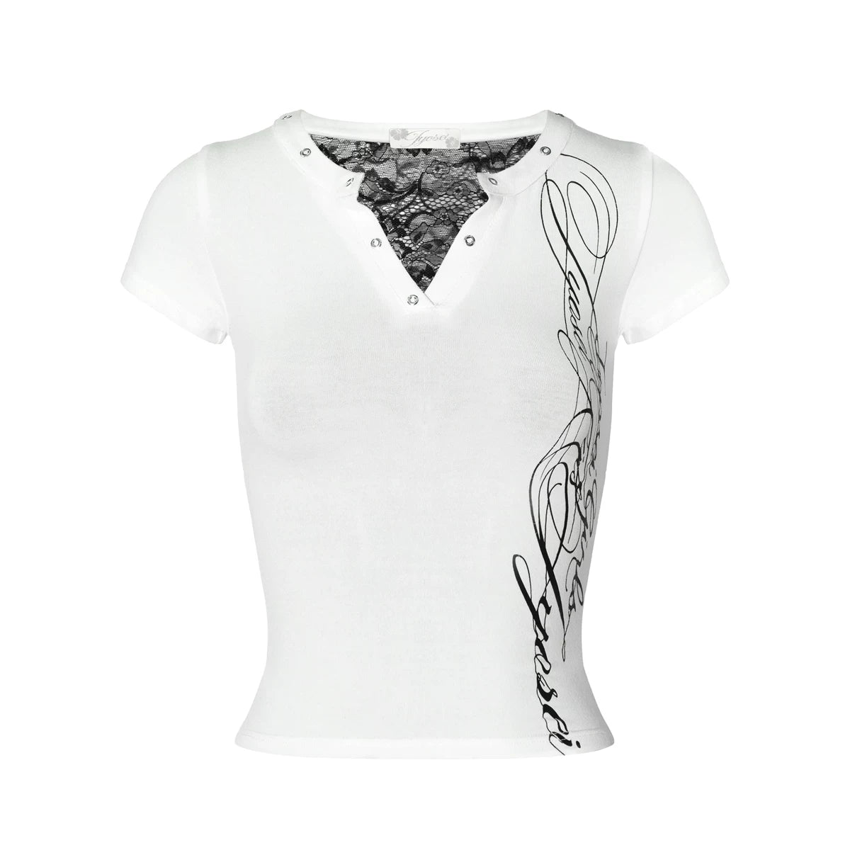 White Sheer Lace Panel Logo Print Slim Fit T-Shirt