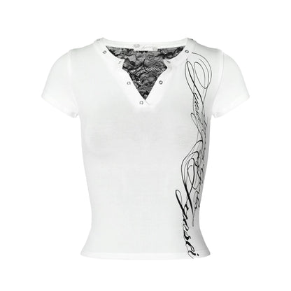 White Sheer Lace Panel Logo Print Slim Fit T-Shirt