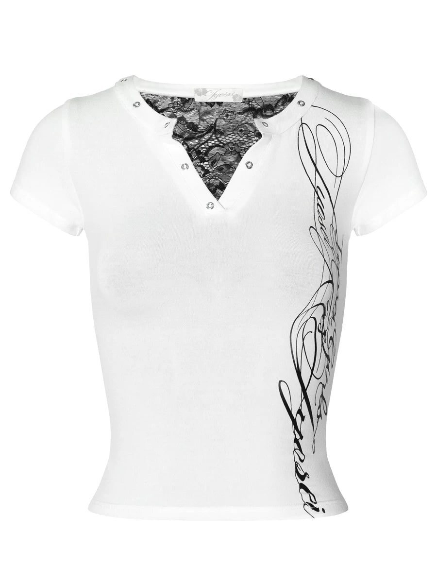 White Sheer Lace Panel Logo Print Slim Fit T-Shirt