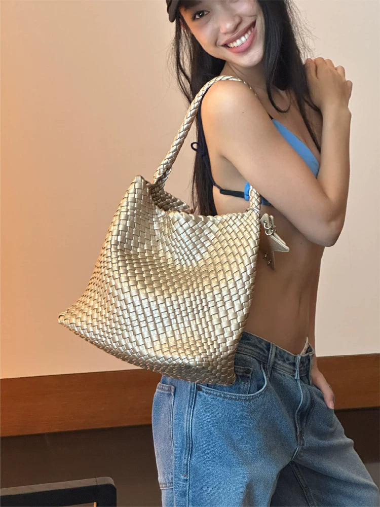 Medium Woven Tote Shoulder Bag ECODAY