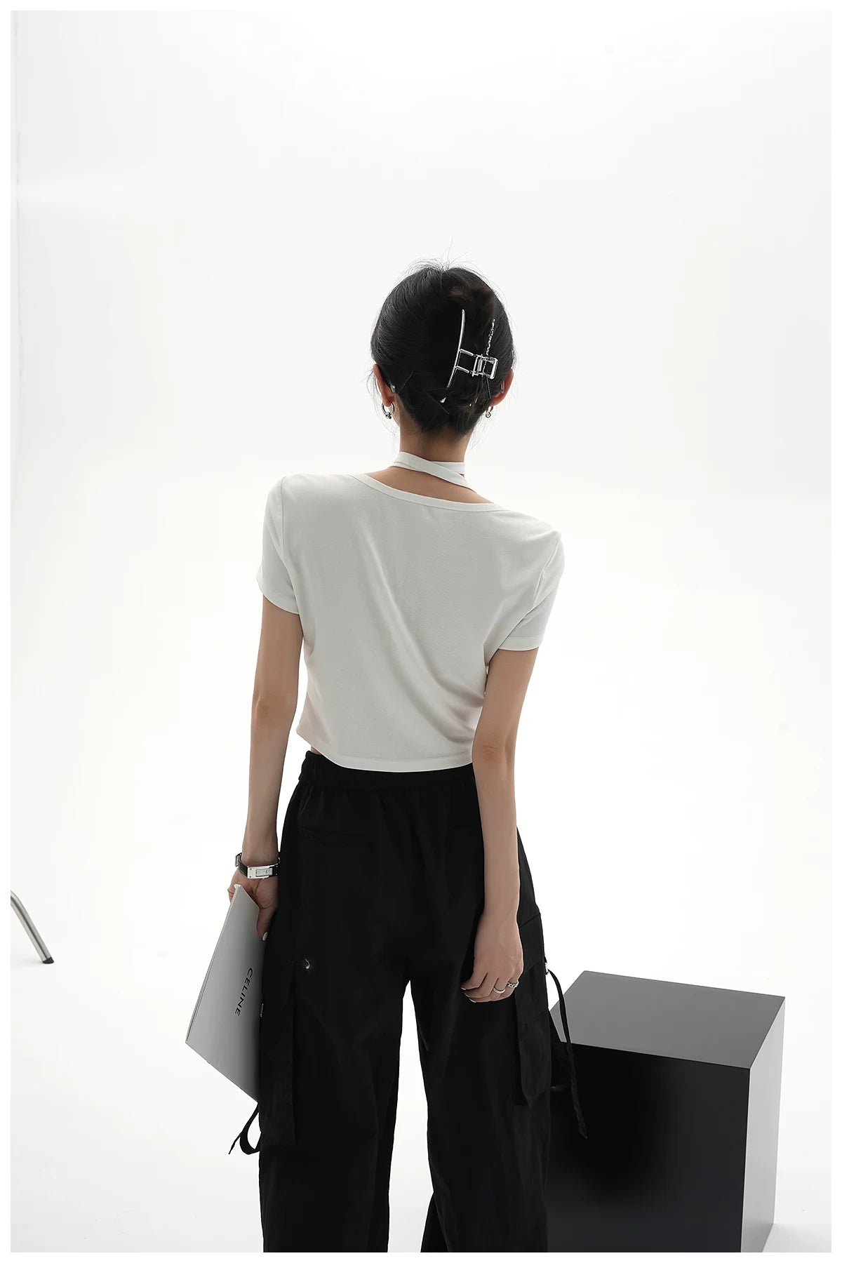 Tie-Detail Square-Neck Cropped T-Shirt