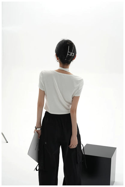 Tie-Detail Square-Neck Cropped T-Shirt