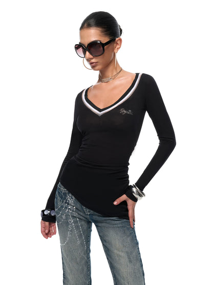 Ruched V-Neck Semi-Sheer Knit Blouse