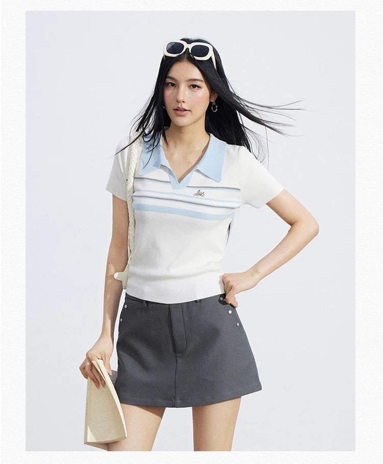 Striped Contrast Collar Ice Silk Polo Top