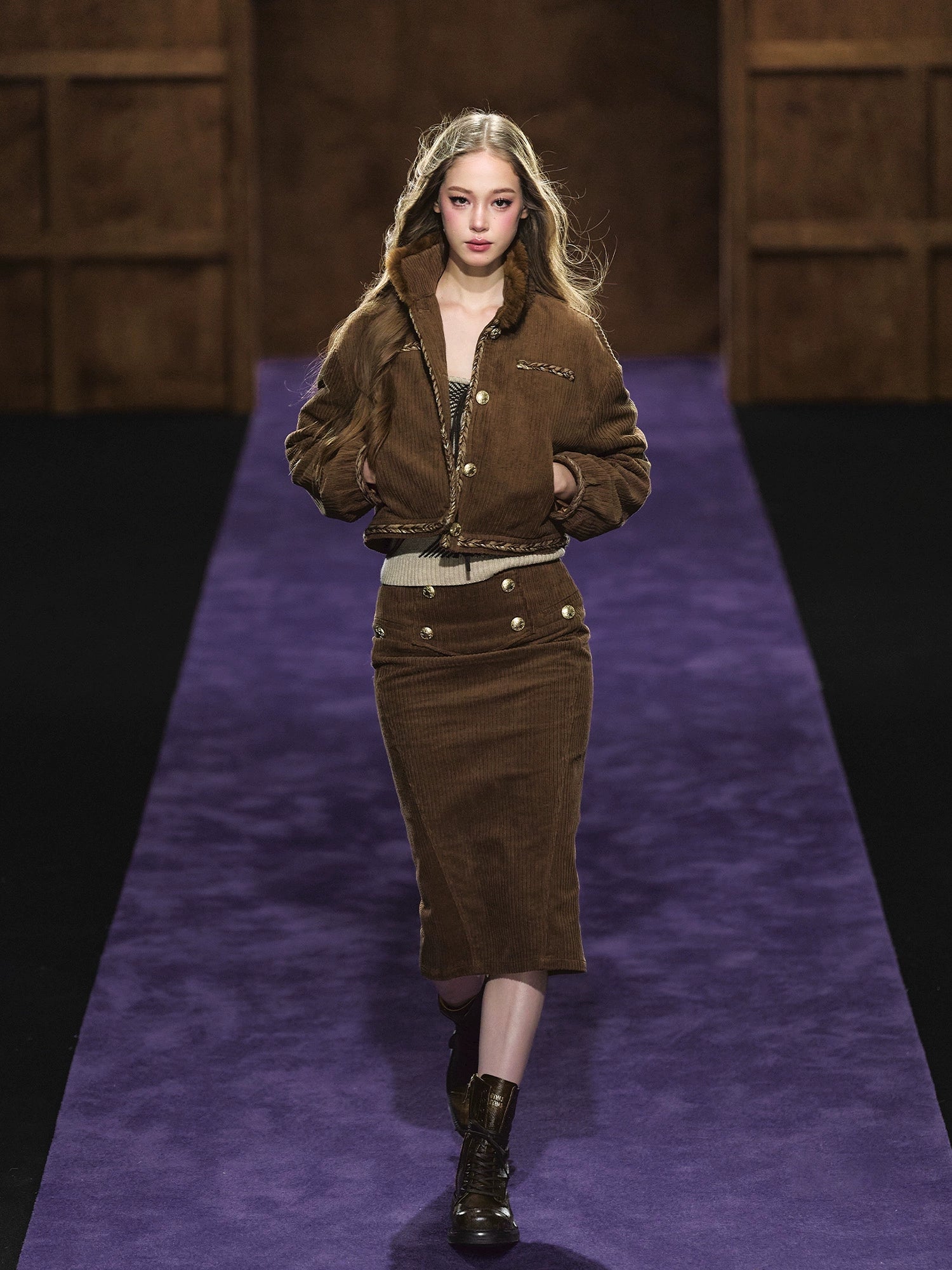Corduroy Fur-Collar Jacket &amp; Skirt Set