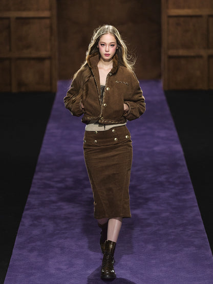 Corduroy Fur-Collar Jacket &amp; Skirt Set