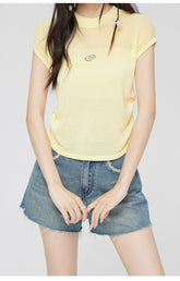 Yellow & Black Hollow Ruffled Knitted T-shirt - CHINASQUAD