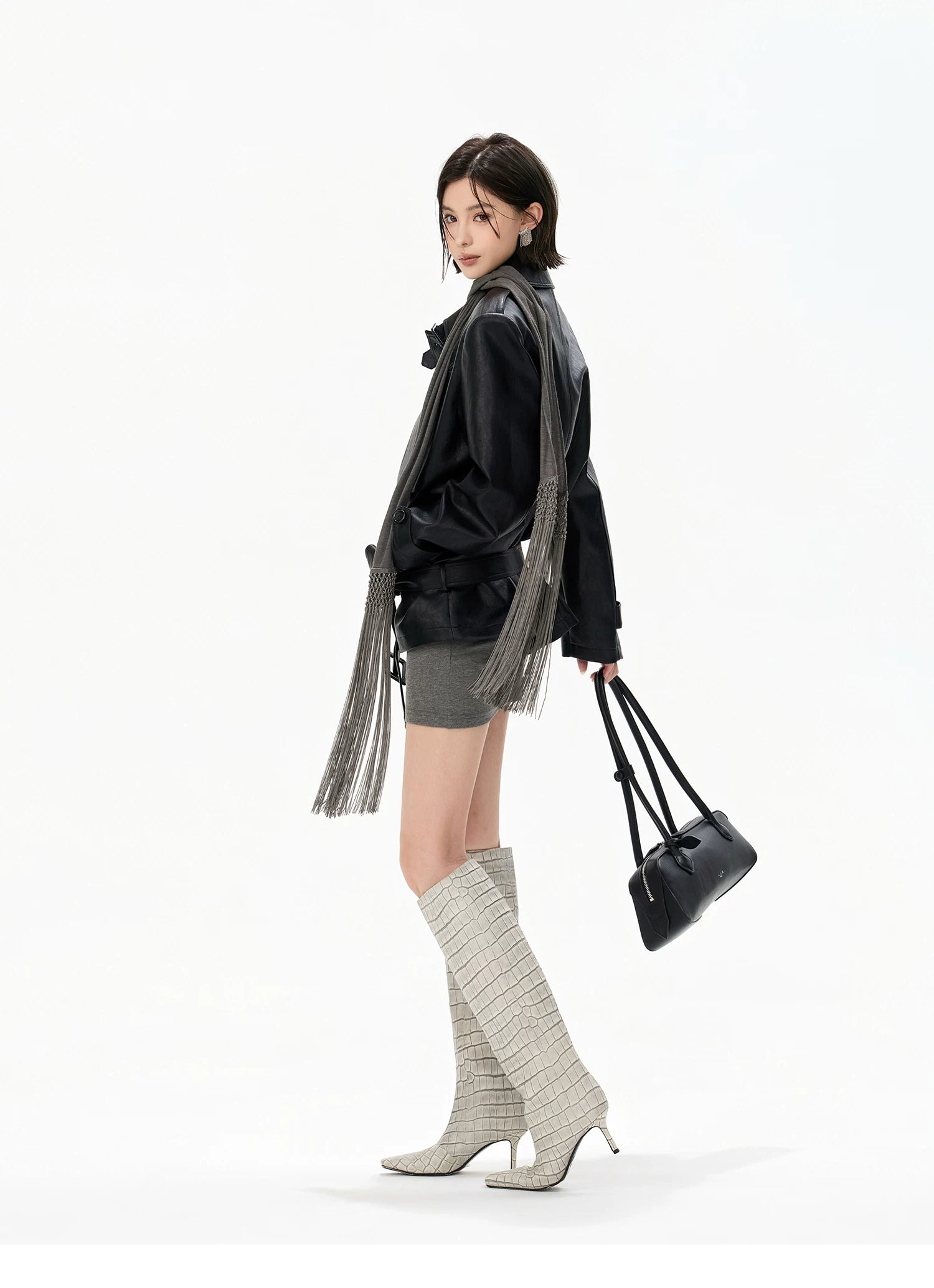 Minimalist Draped Turtleneck Knit Mini Dress with Tassel Ties