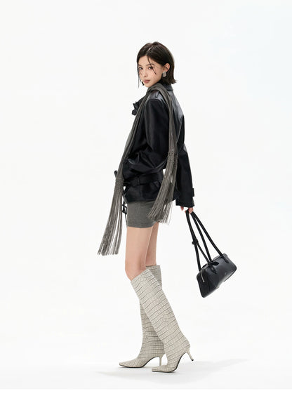 Minimalist Draped Turtleneck Knit Mini Dress with Tassel Ties