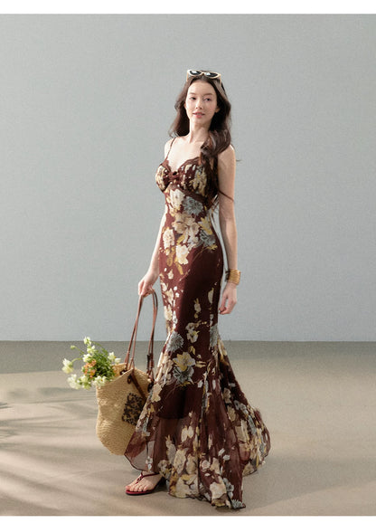 Dreamlike Summer Floral Chiffon Mermaid Slip Maxi Dress