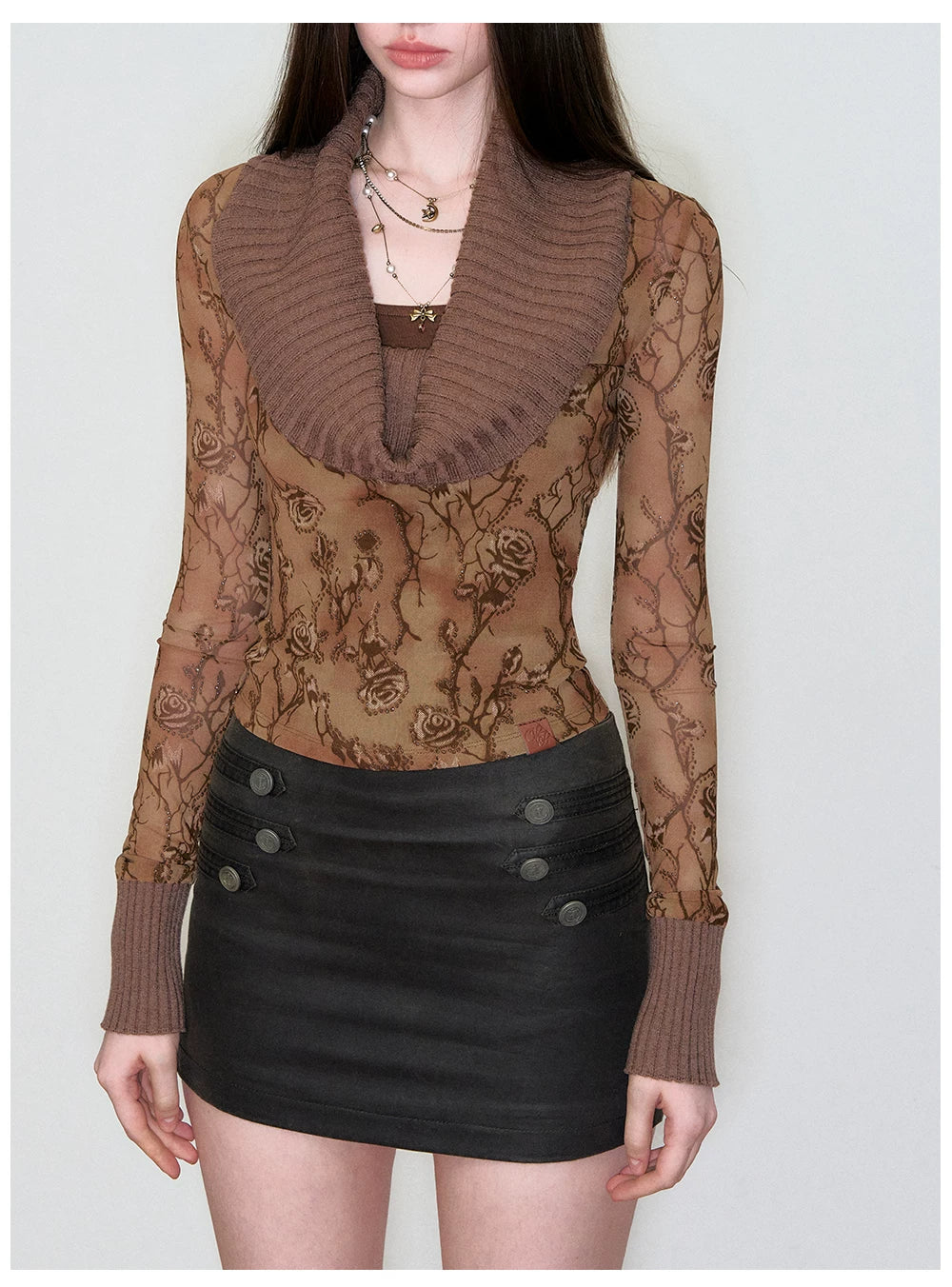 Draped Cowl-Neck Patchwork Knit Sweater