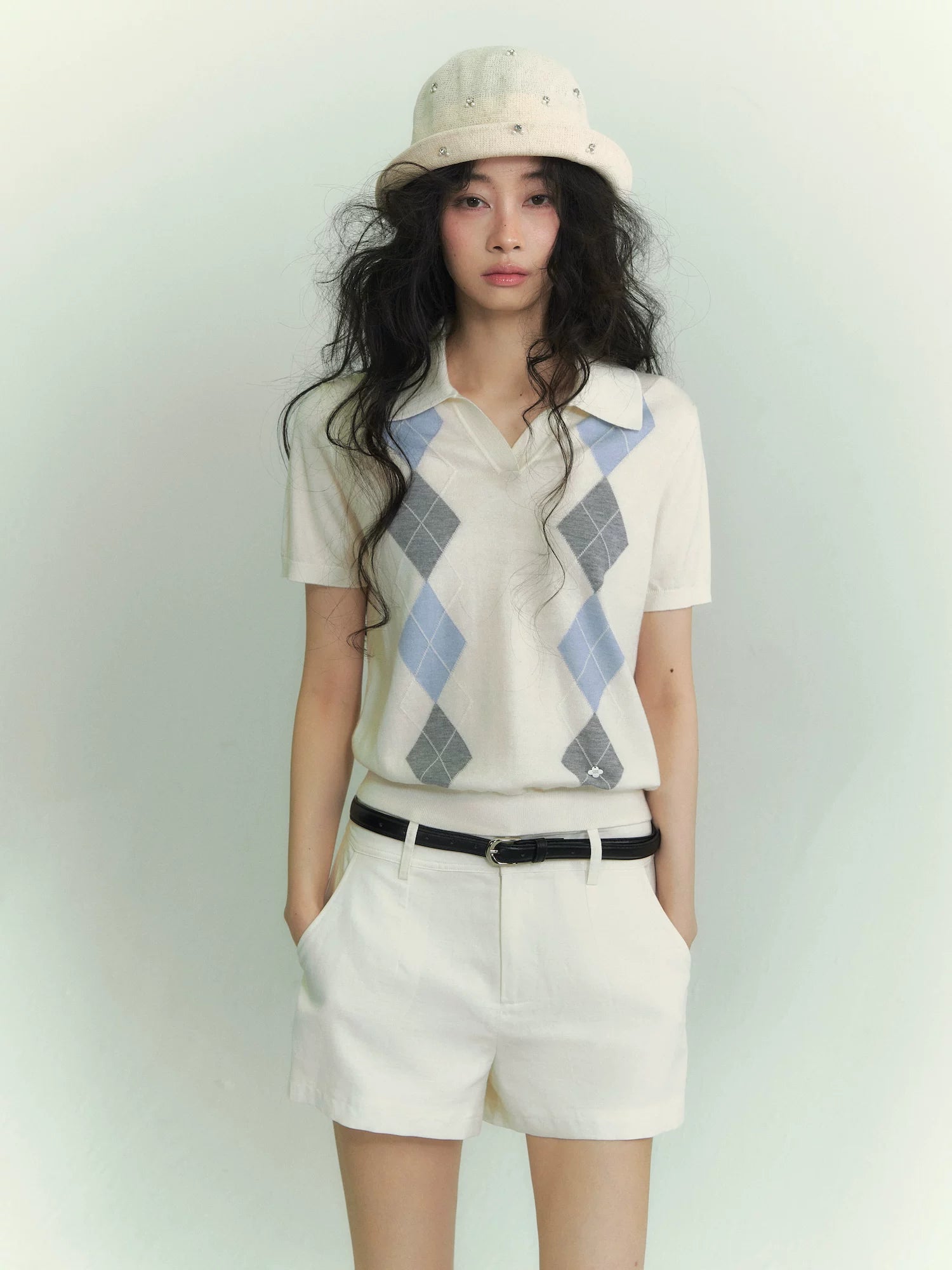 Diamond Panel Colorblock Polo Knit Top