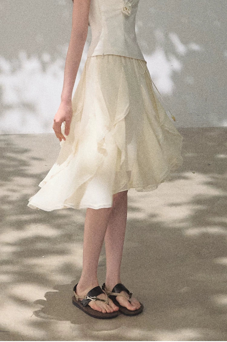 Asymmetric Ruffle Lace-Trim A-Line Midi Skirt