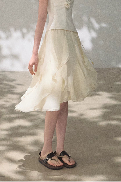 Asymmetric Ruffle Lace-Trim A-Line Midi Skirt