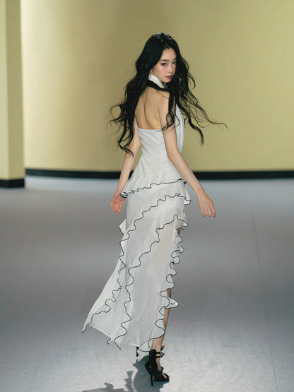 Rose Appliqué Asymmetrical Halterneck Dress