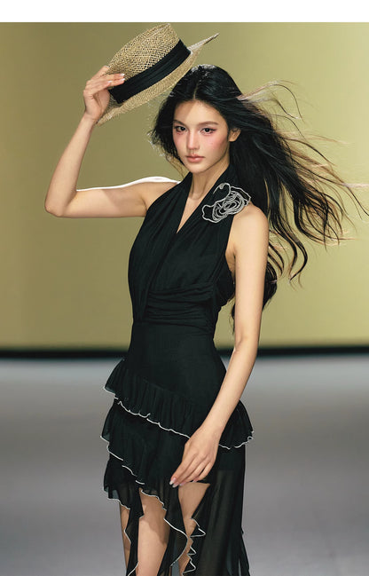 Rose Appliqué Asymmetrical Halterneck Dress