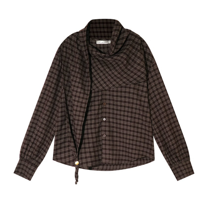 Vintage Plaid Beaded Tie-Scarf Shirt