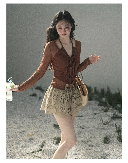 Soft Sand Ruched Tie-Front Cardigan