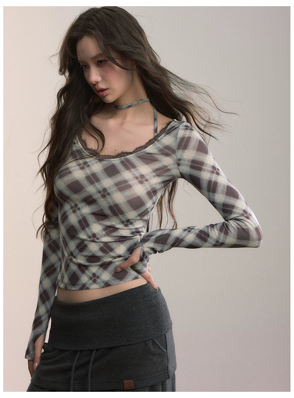 Halter Tie Plaid Long Sleeve T-Shirt