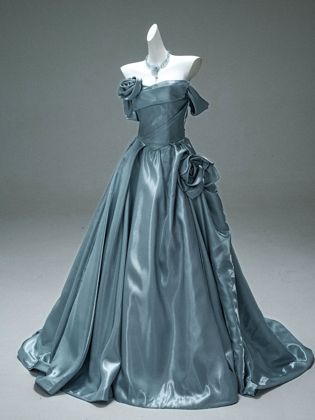 Satin Off-Shoulder Gown with Sculpted Roses