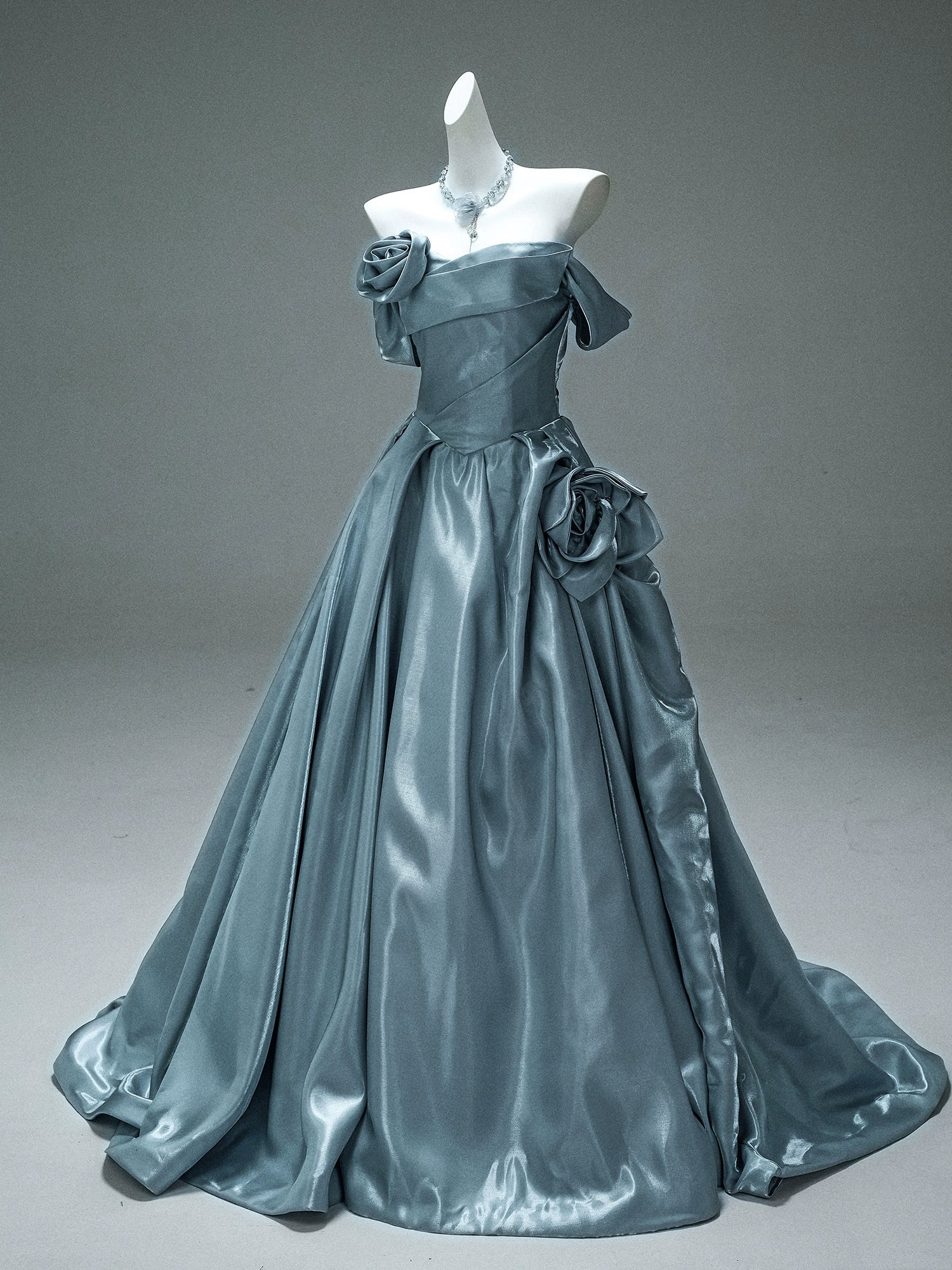 Satin Off-Shoulder Gown with Sculpted Roses