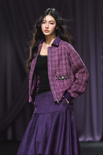 Suede Patchwork Tweed Jacket &amp; Asymmetric A-Line Skirt Set
