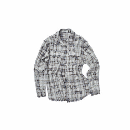 Washed Plaid Frayed-Edge Fitted Shirt