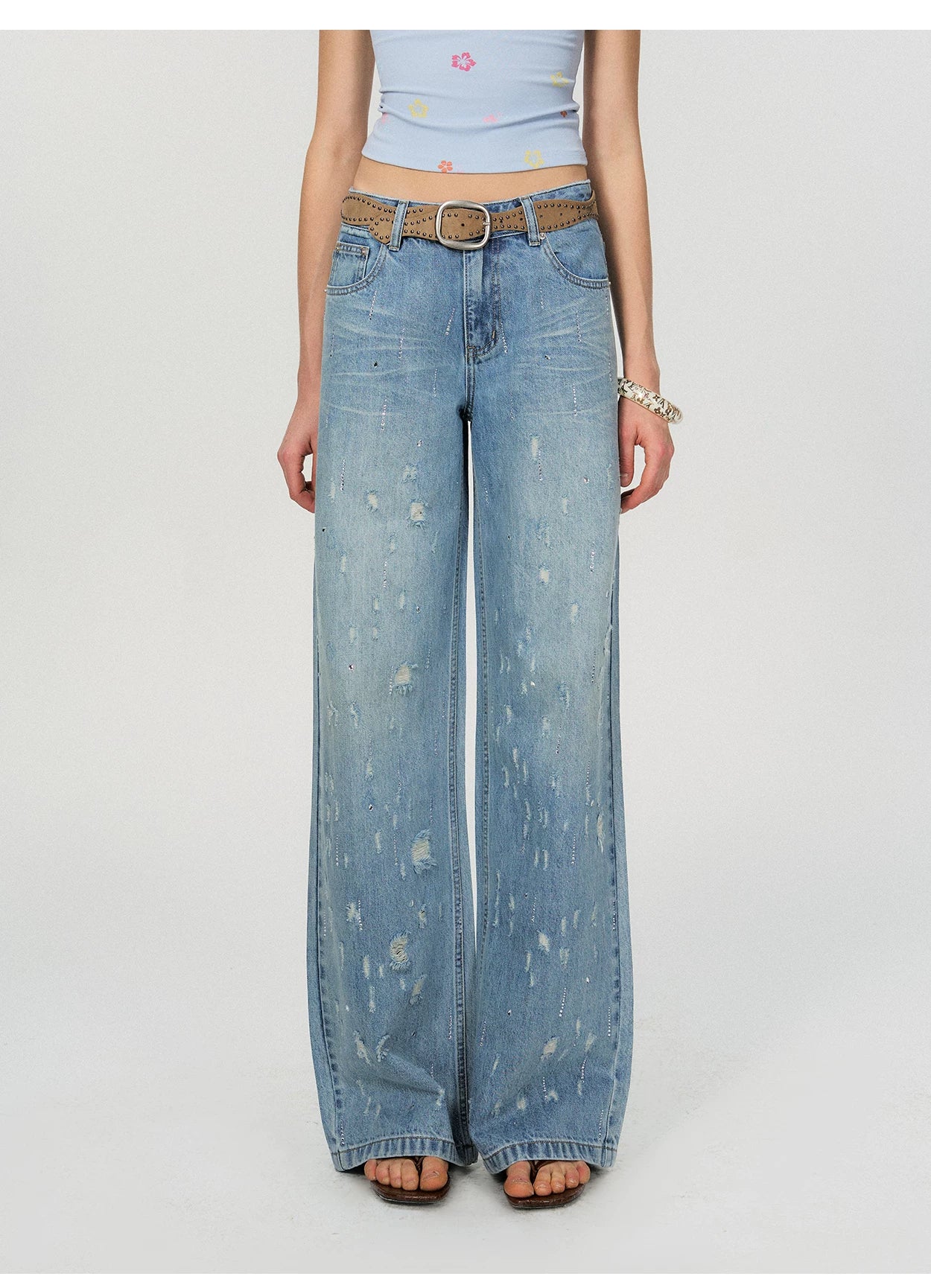 Vintage Washed Blue Rhinestone Embellished Straight-Leg Denim Trousers