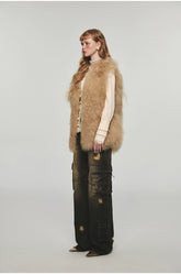 Camel & Black Wool Straight-Cut Furry Vest - CHINASQUAD