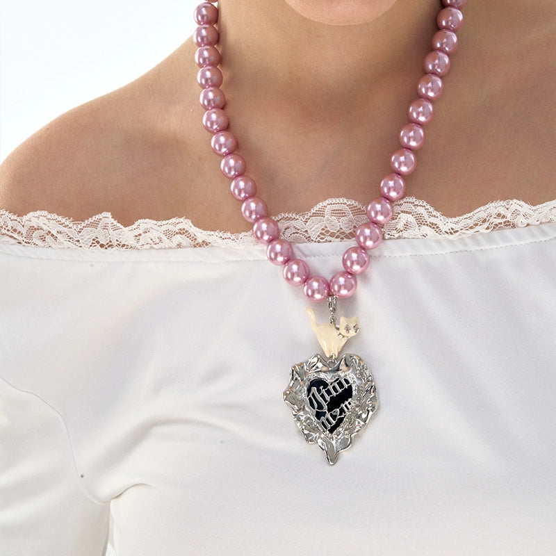 Cat Heart Enamel Pearl Necklace