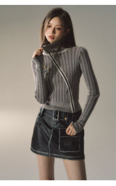 Mocha & Red Zipper Striped Turtleneck - CHINASQUAD