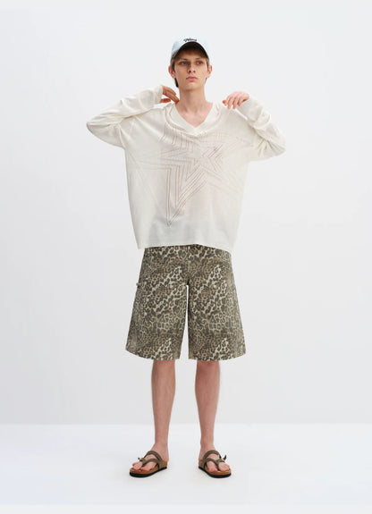 Cotton Hollow Star V-Neck Knit Cardigan