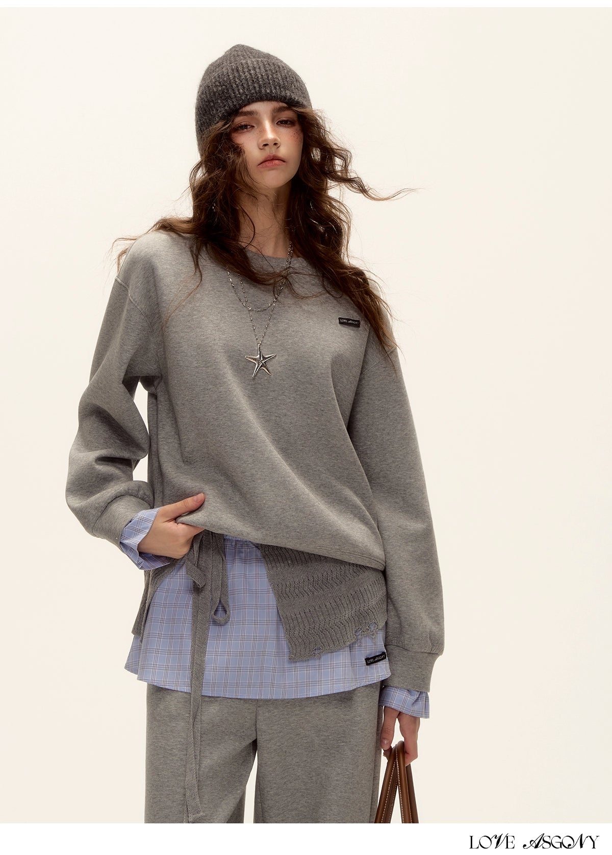 Patchwork Sweatshirt &amp; Curved-Hem Knit Pants Set