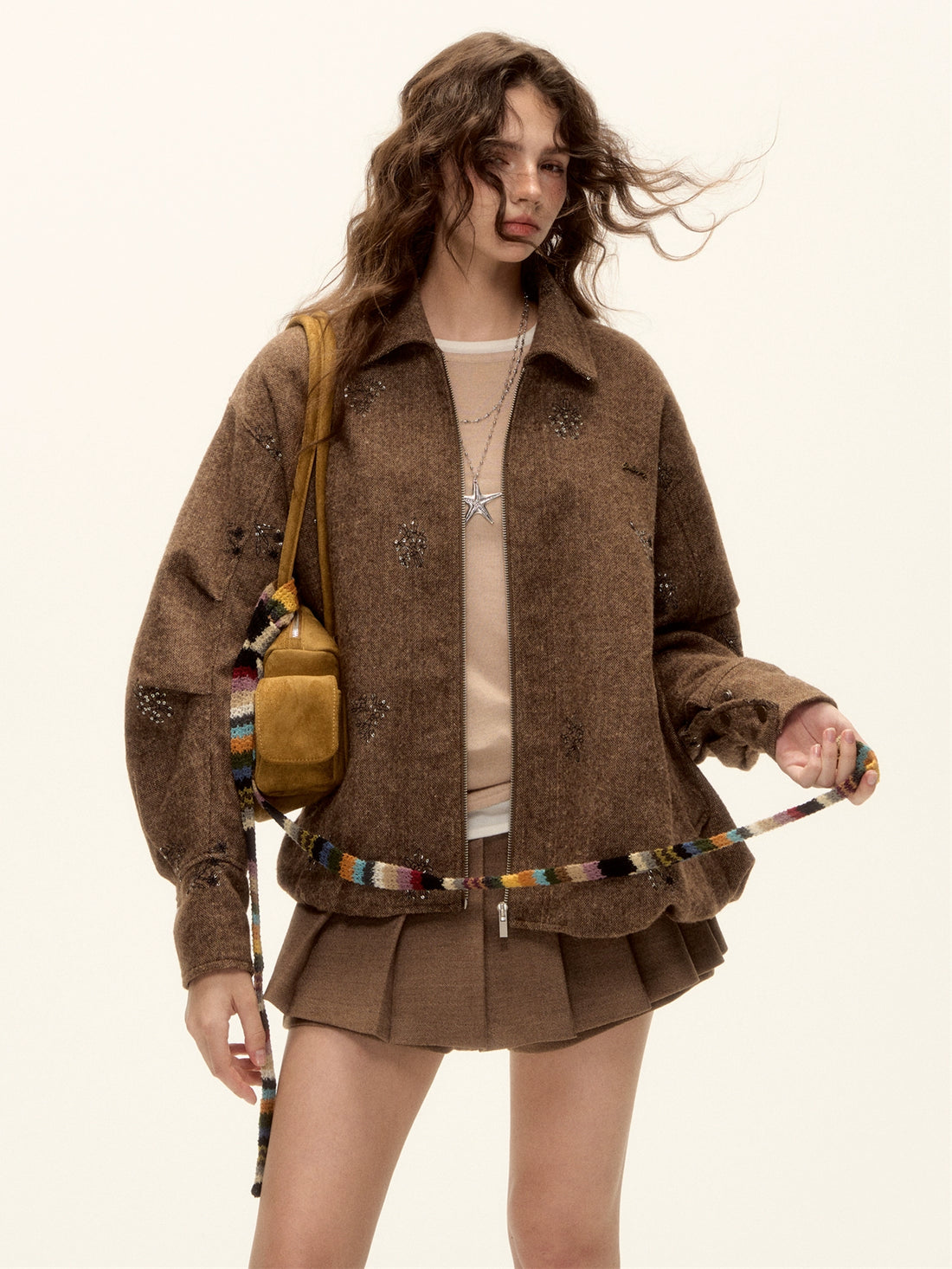 Sequin Embroidered Plaid Wool Blouson Jacket