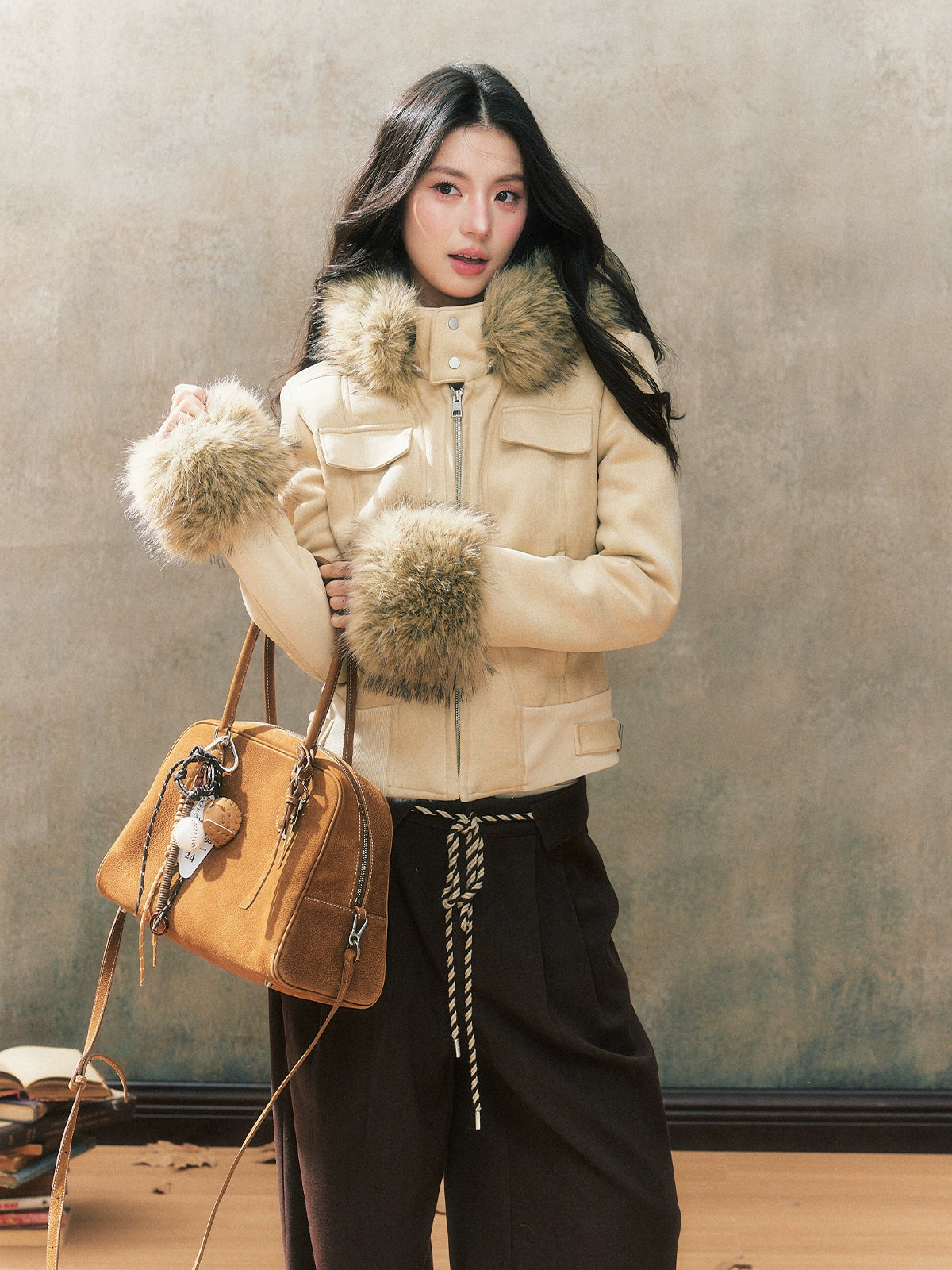 Two-Tone Hooded Fur Collar Shearling Coat